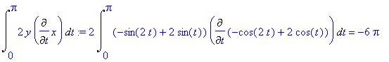 Int(2*y*Diff(x,t),t = 0 .. Pi) := 2*Int((-sin(2*t)+...