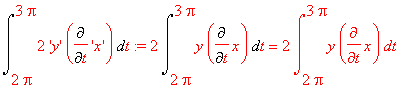 Int(2*('y')*Diff('x',t),t = 2*Pi .. 3*Pi) := 2*Int(...