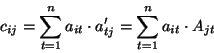 \begin{displaymath}c_{ij}=\sum_{t=1}^na_{it}\cdot
a'_{tj}=\sum_{t=1}^na_{it}\cdot A_{jt}\end{displaymath}