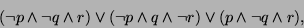\begin{displaymath}(\neg p\land \neg q\land r)\lor(\neg p\land q\land \neg
r)\lor(p\land\neg q\land r),\end{displaymath}