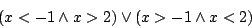 \begin{displaymath}(x<-1\land x>2)\lor(x>-1\land x<2)\end{displaymath}